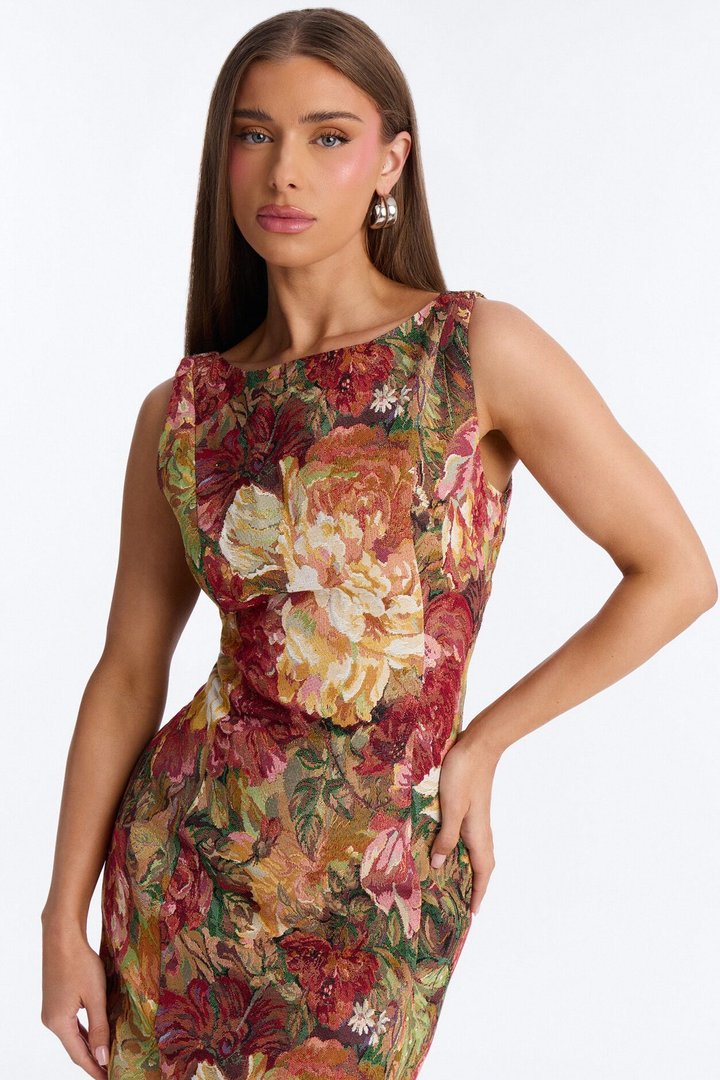 Brittany Floral Jacquard Midi Dress - Burgundy/combo