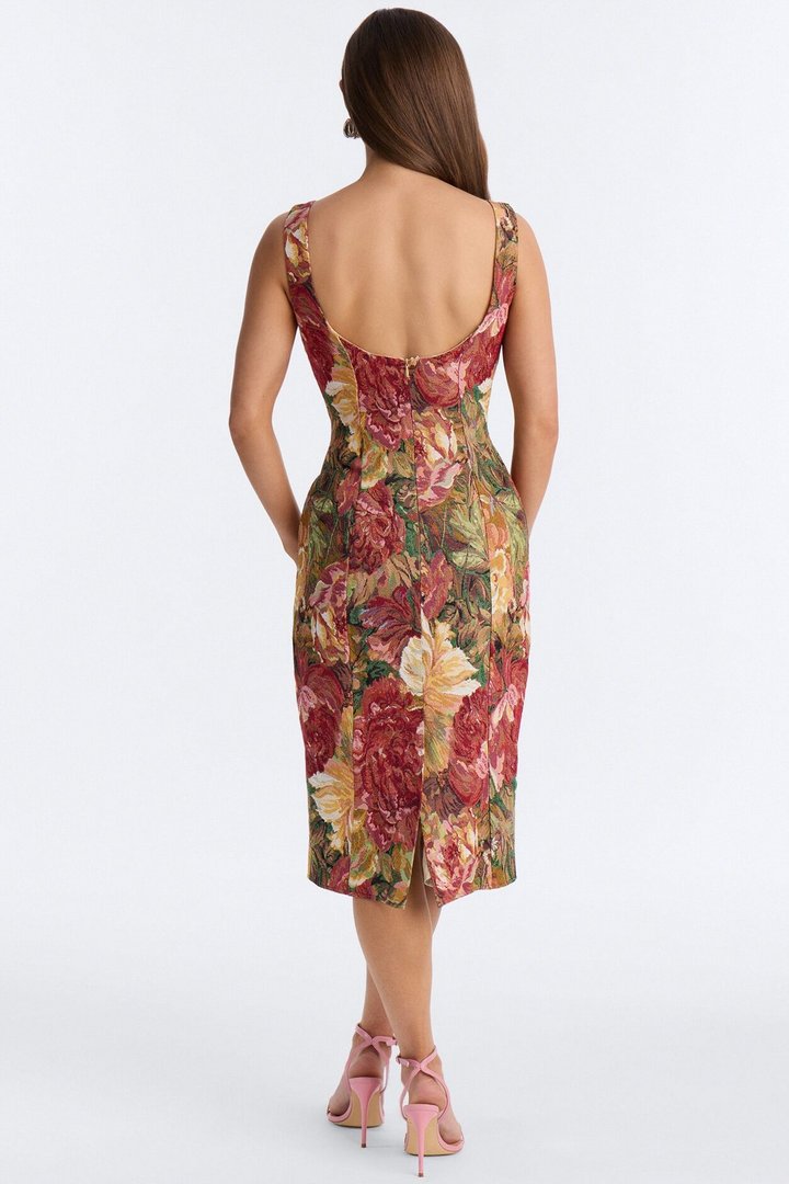 Brittany Floral Jacquard Midi Dress - Burgundy/combo