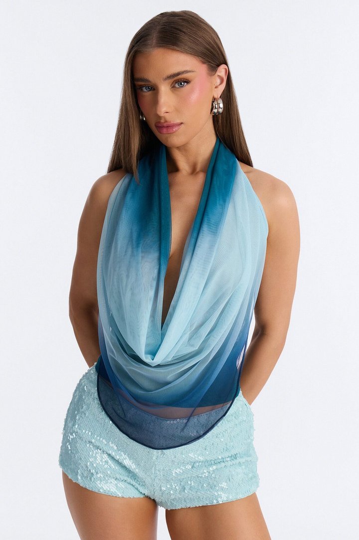 Desert Baddie Mesh Cowl Neck Halter Top - Blue/combo