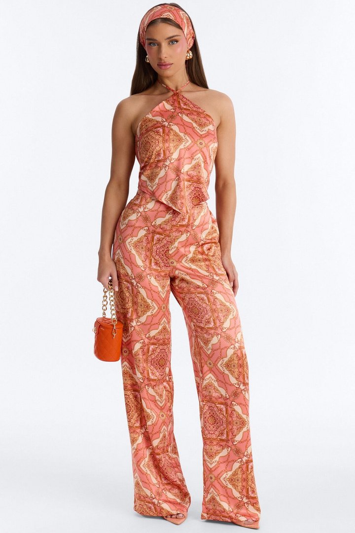 Nadia Satin 3 Piece Pant Set - Coral/combo