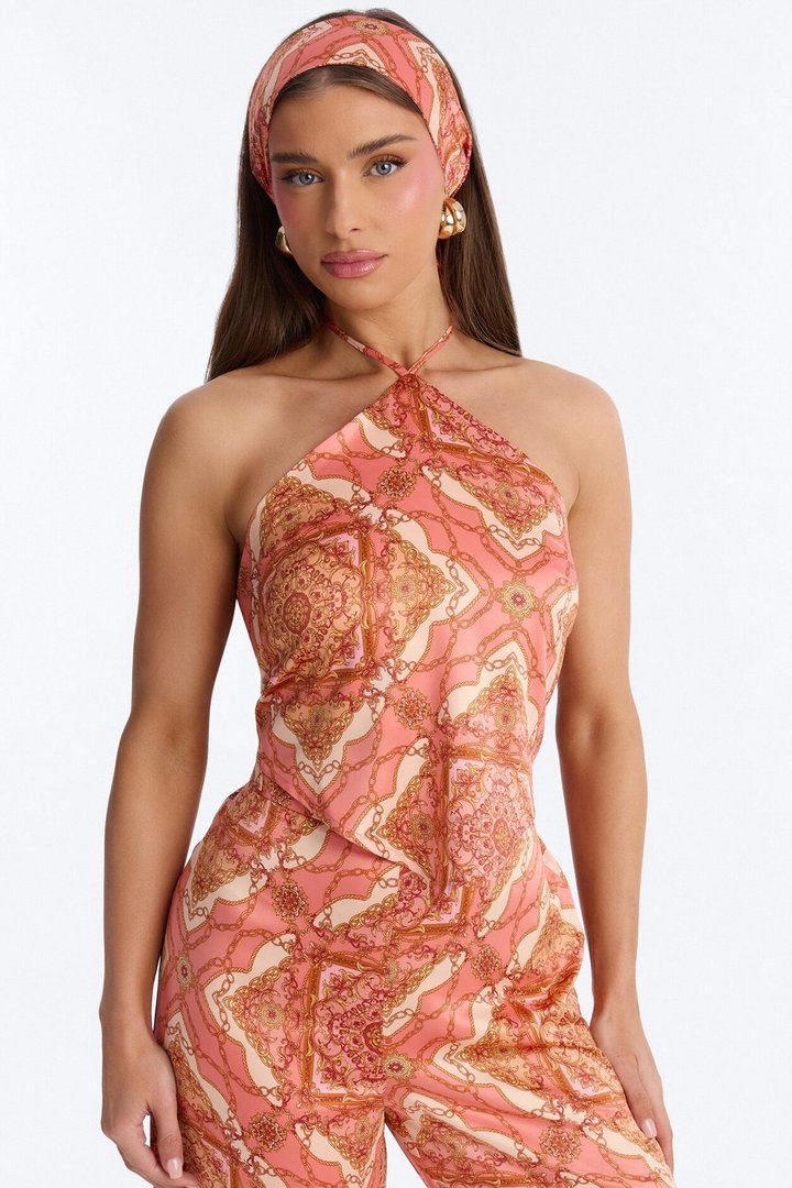 Nadia Satin 3 Piece Pant Set - Coral/combo