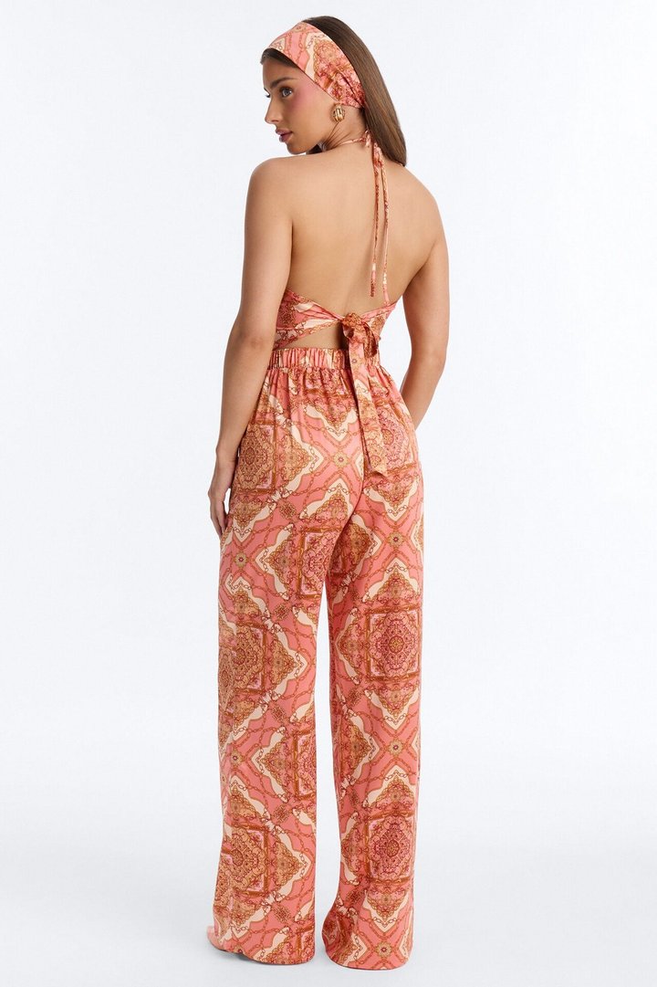 Nadia Satin 3 Piece Pant Set - Coral/combo