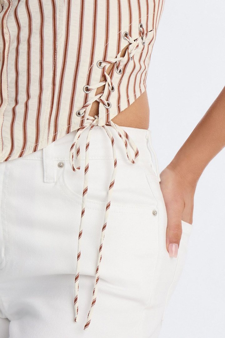 Hot Mess Express Lace Up Striped Top - Cream/combo