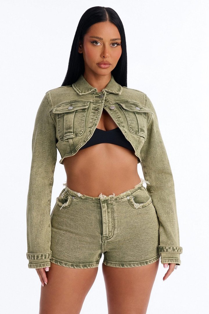 Highly Motivated Stretch Denim Bolero Jacket - Olive