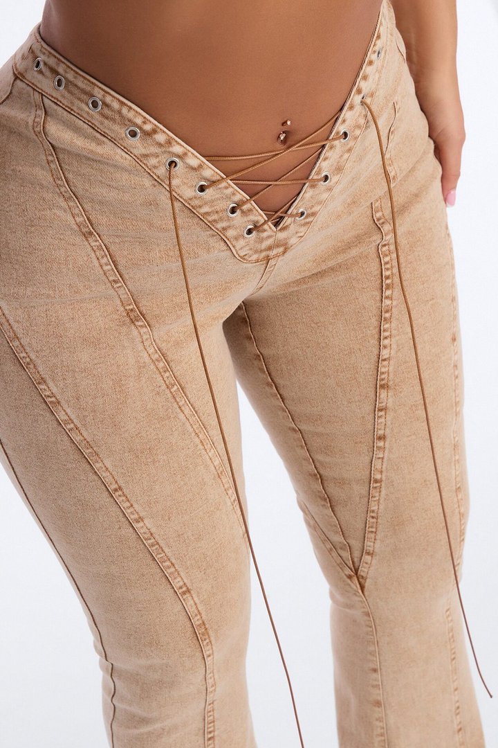 Run this Town Lace Up Washed Flared Pant - Brown