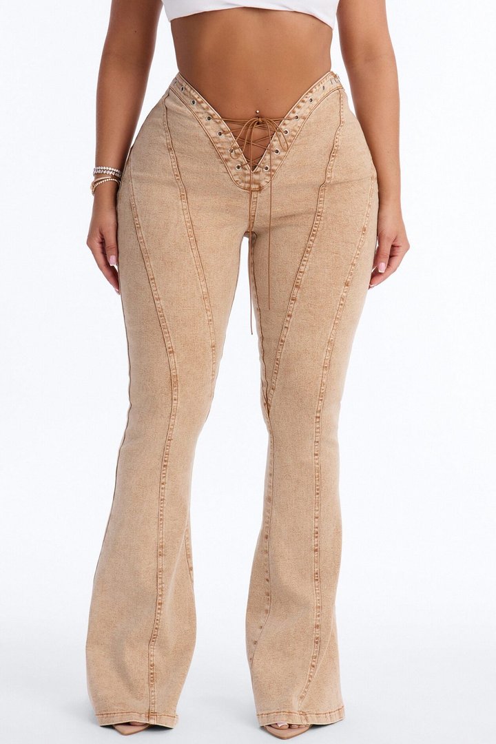 Run this Town Lace Up Washed Flared Pant - Brown