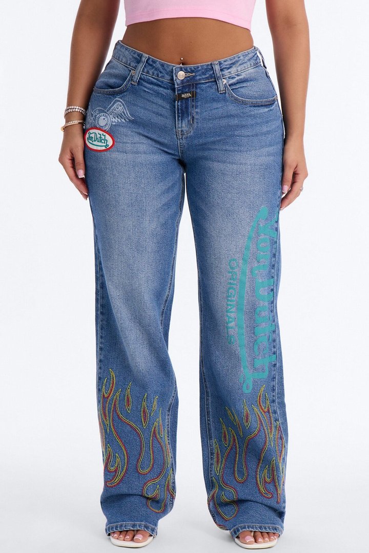 Von Dutch Flame Print Straight Leg Jeans - Medium Wash