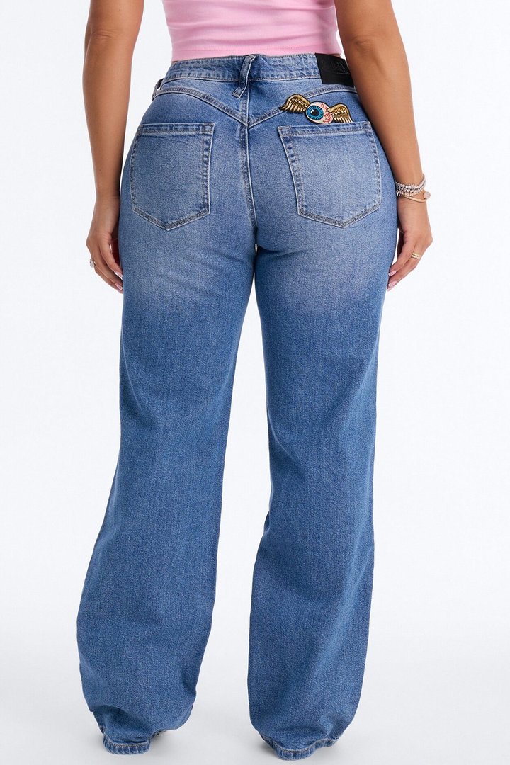Von Dutch Flame Print Straight Leg Jeans - Medium Wash