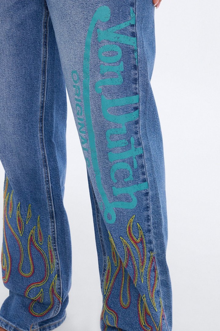 Von Dutch Flame Print Straight Leg Jeans - Medium Wash