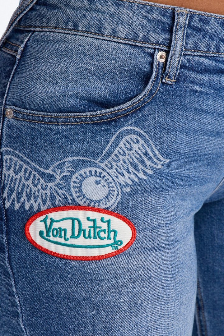 Von Dutch Flame Print Straight Leg Jeans - Medium Wash