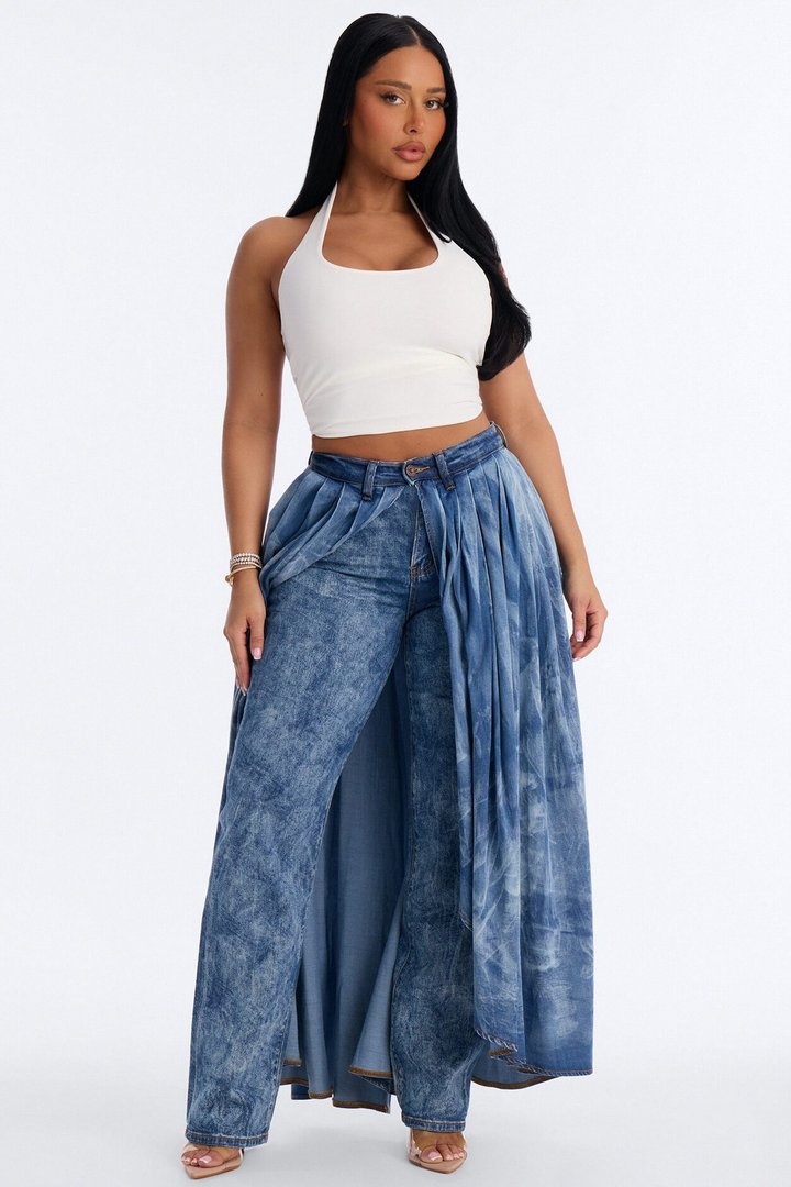 Best Kept Secret Skirt Overlay Straight Leg Jeans - Medium Wash