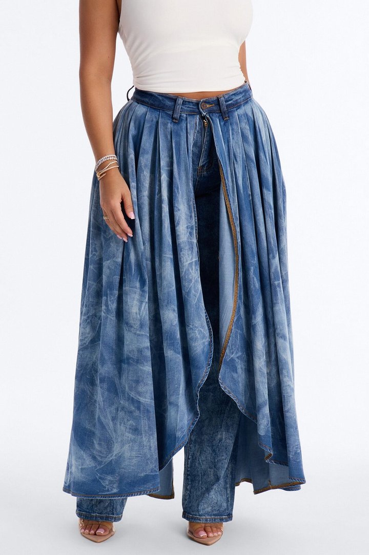 Best Kept Secret Skirt Overlay Straight Leg Jeans - Medium Wash