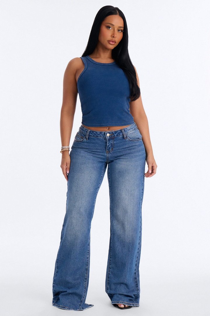 Annie Acid Washed Ribbed Crew Neck Tank Top - Navy