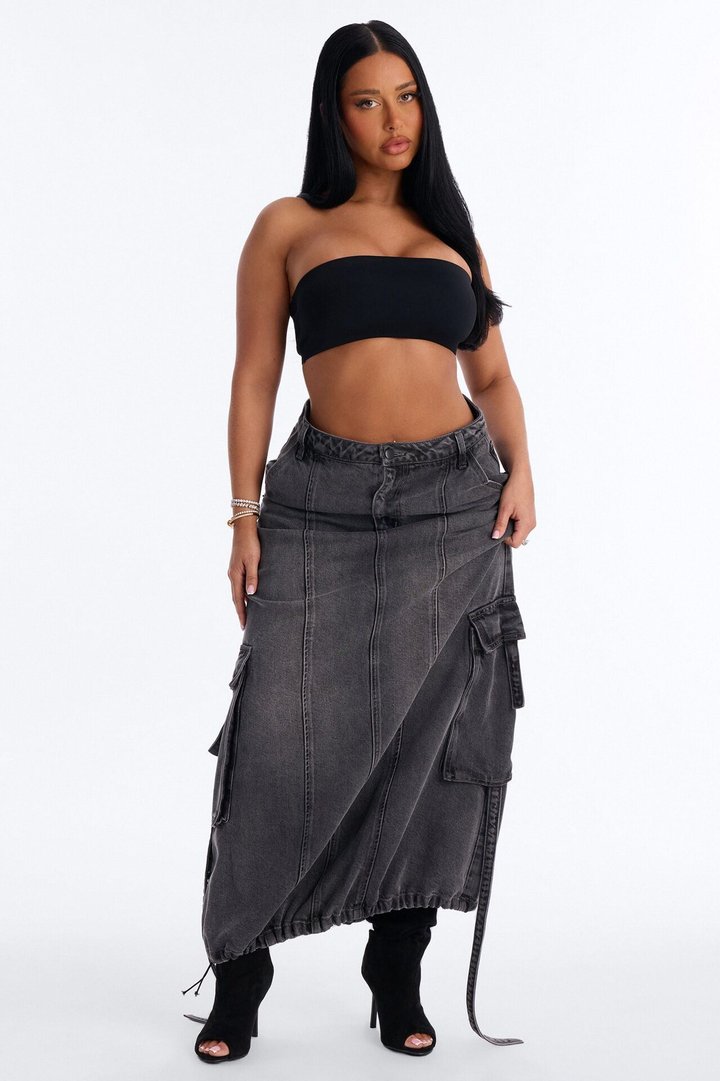 Cool Girl Low Rise Denim Cargo Jogger Maxi Skirt - Charcoal