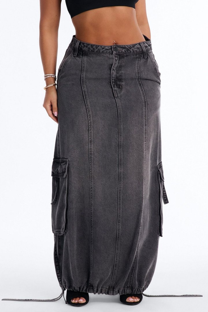 Cool Girl Low Rise Denim Cargo Jogger Maxi Skirt - Charcoal
