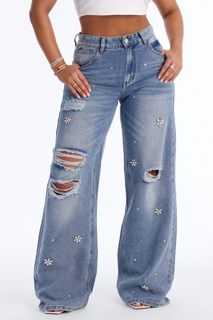 Always Delicate Floral Embellished Wide Leg Jeans - Medium Wash