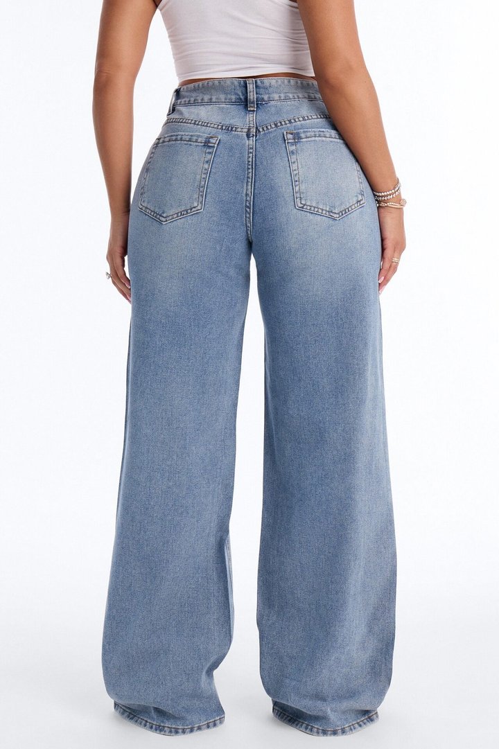Always Delicate Floral Embellished Wide Leg Jeans - Medium Wash