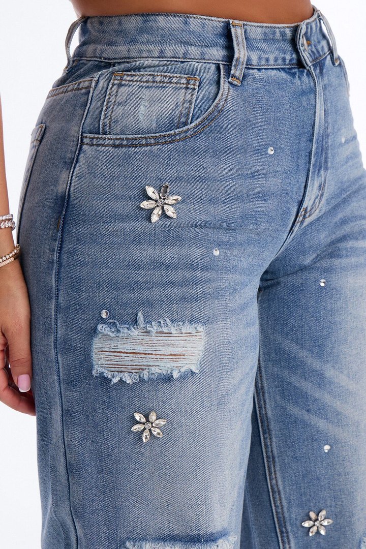 Always Delicate Floral Embellished Wide Leg Jeans - Medium Wash