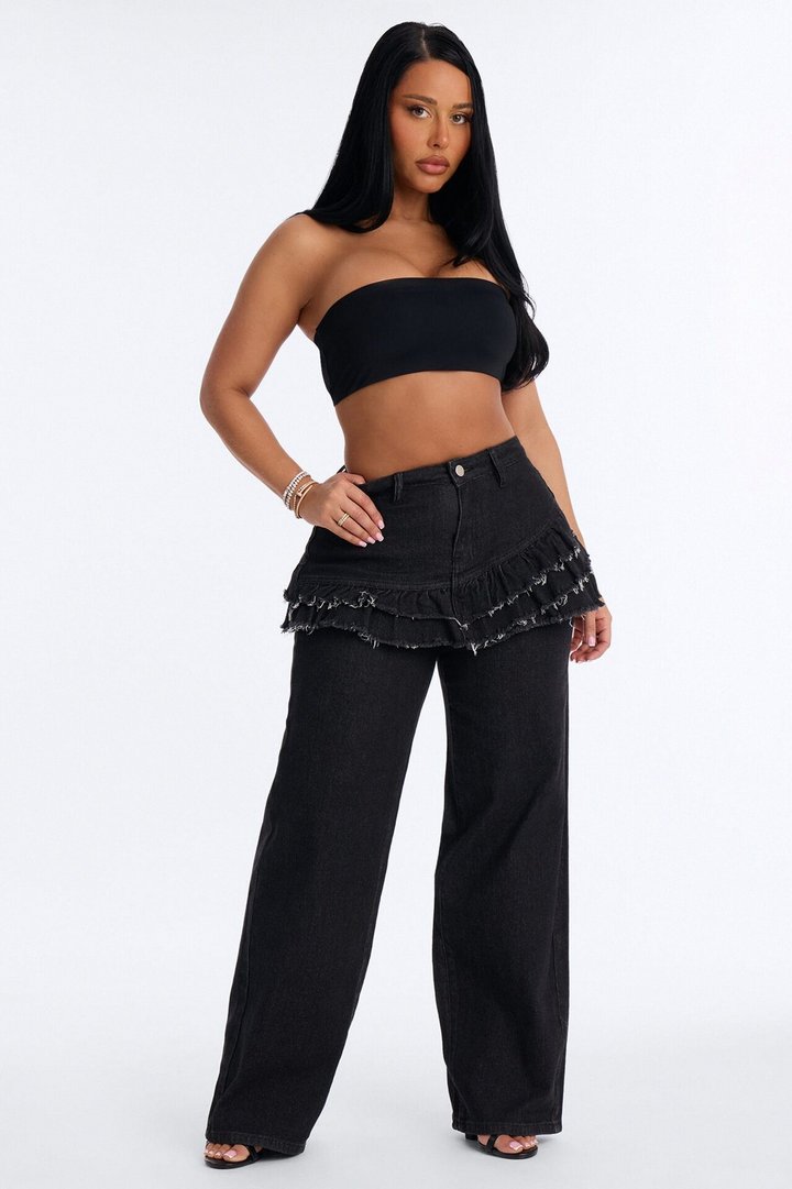 Throw It Back Skirt Overlay Jeans - Black Wash