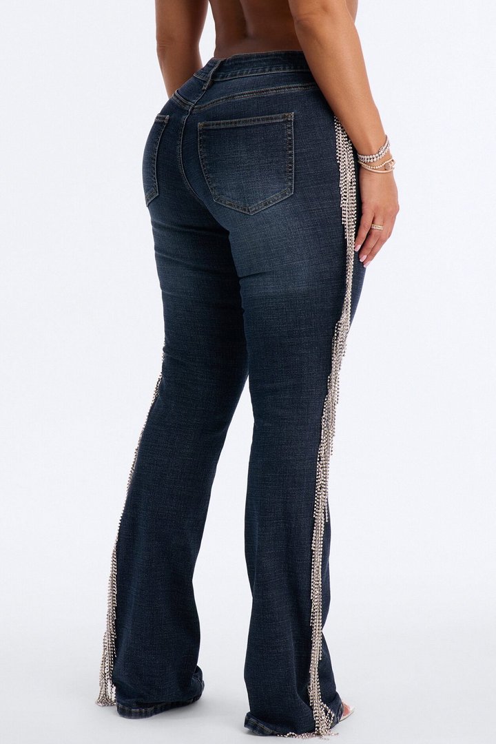 Cosmic Cowgirl Rhinestone Fringe Bootcut Jeans - Dark Wash