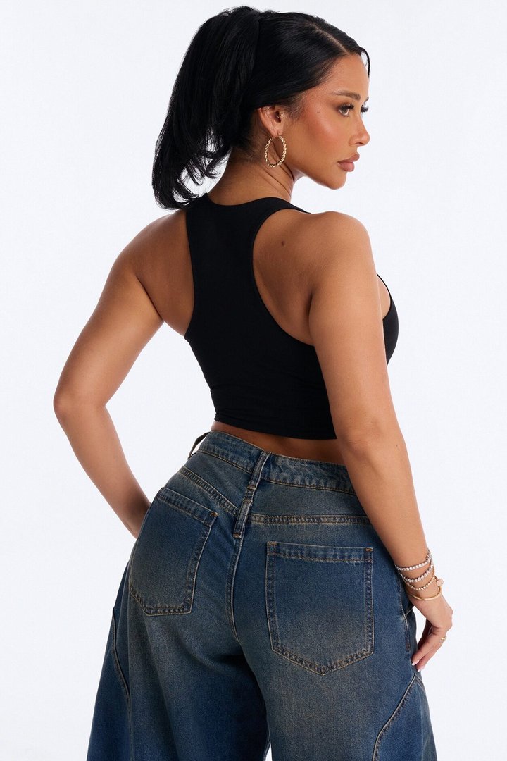 Evalyn Double Lined Cropped Racerback Tank Top - Black