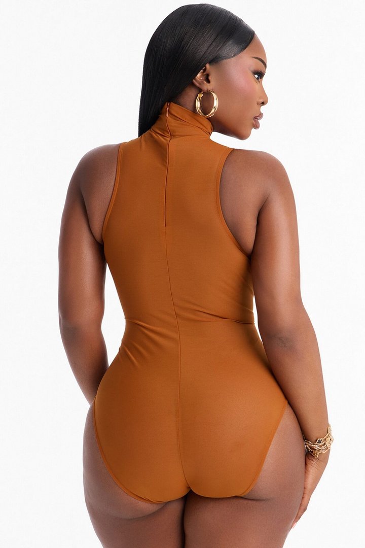 Power Mesh Turtle Neck Sleeveless Bodysuit - Copper