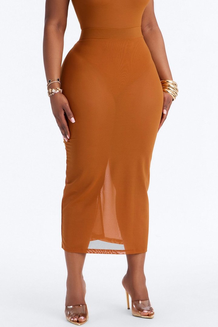Power Mesh Midi Pencil Skirt - Copper