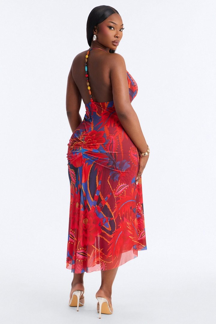 Draya Floral Mesh Midi Dress - Red/combo