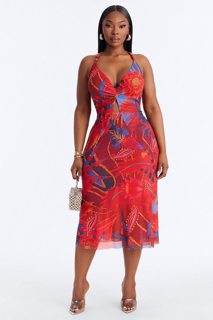 Draya Floral Mesh Midi Dress - Red/combo