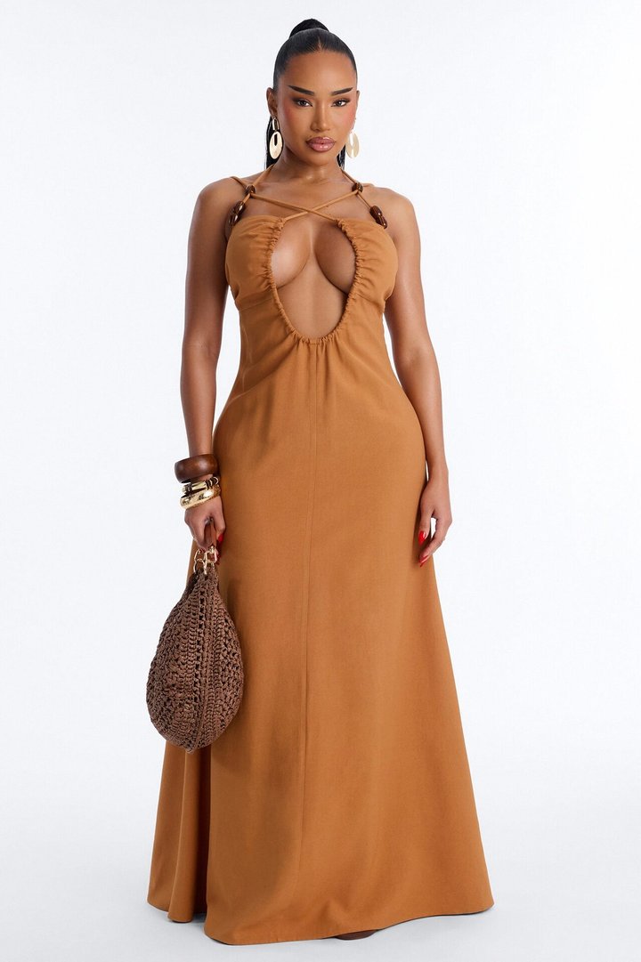 Brunch Date Woven Maxi Dress - Brown
