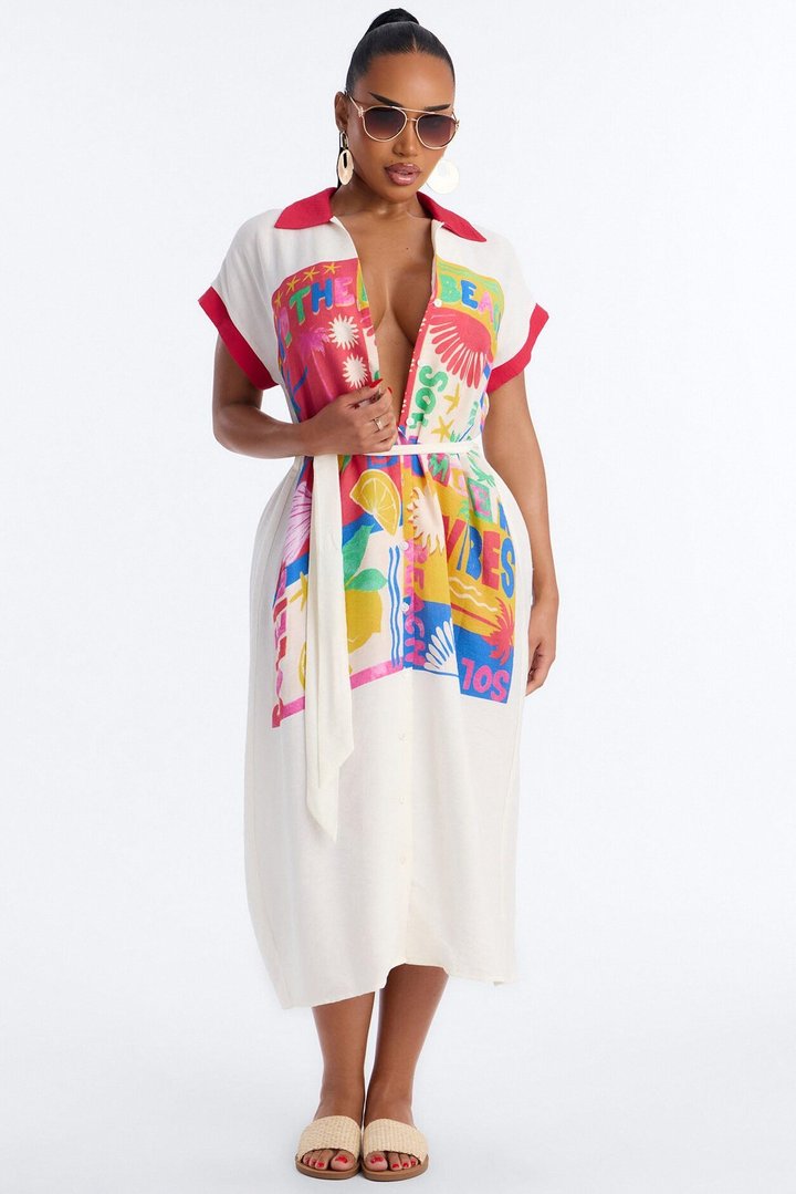 Elisa Printed Shirt Midi Dress - White/combo