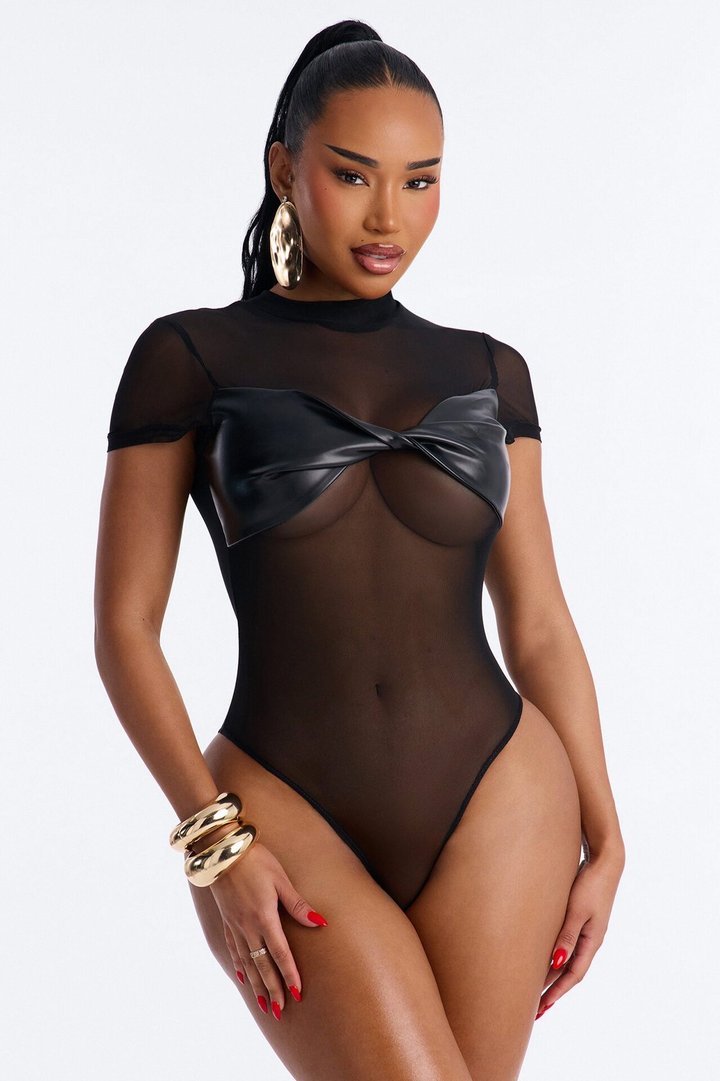Best Of Luck Short Sleeve Twist Mesh Bodysuit - Black