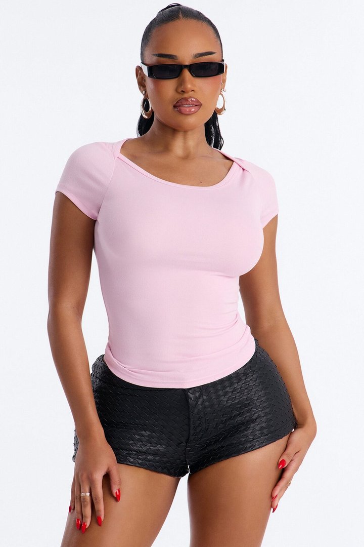 Boat Neck Ribbed T-shirt - Pink