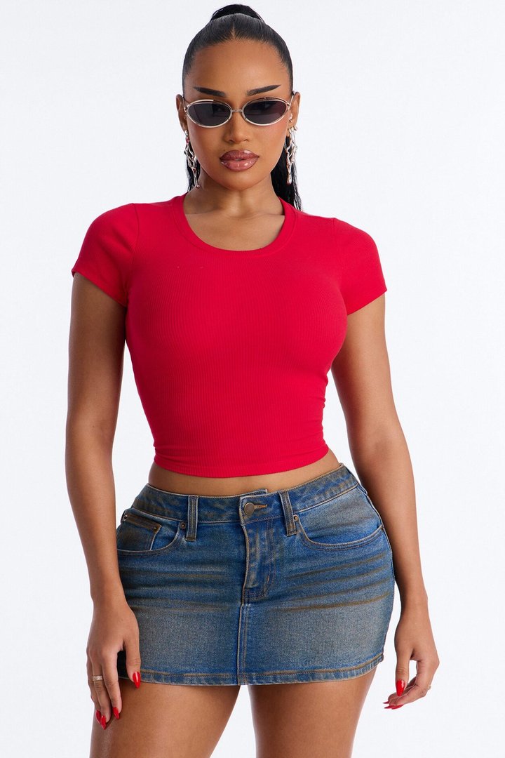 Cotton Rib Crew Neck Baby Tee - Red