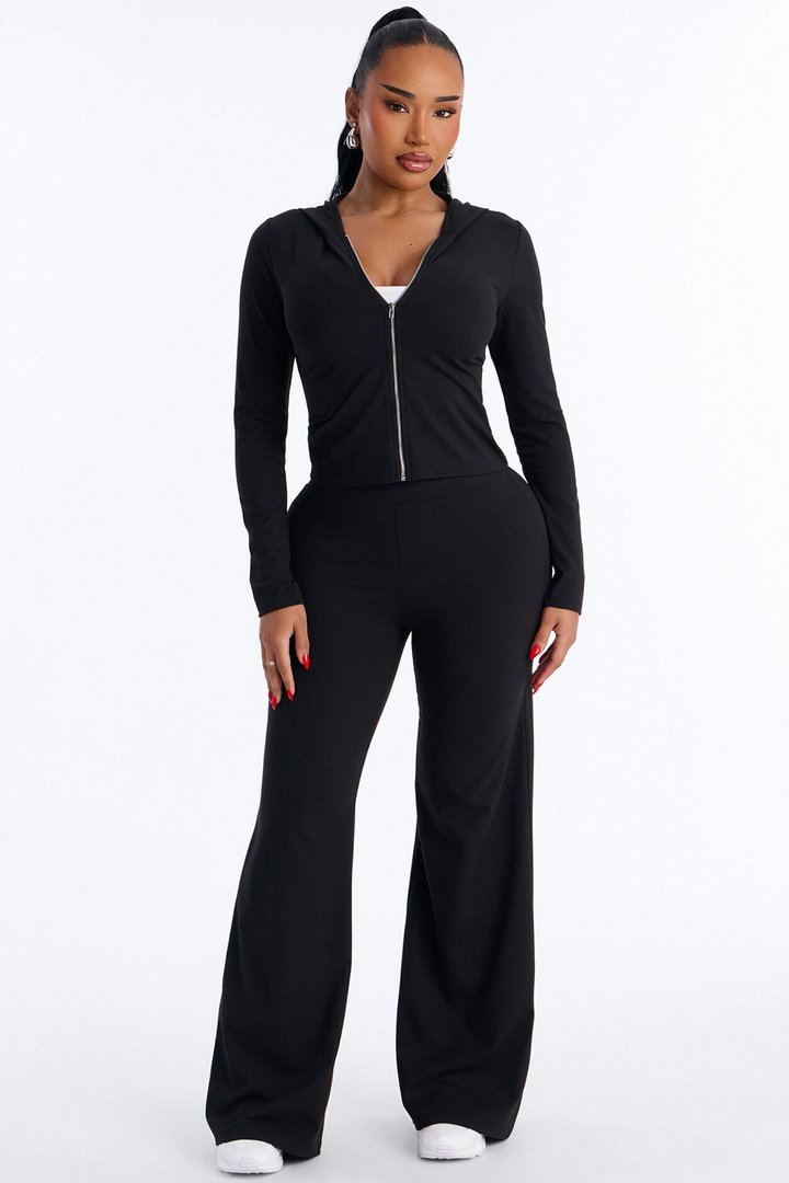 Casual Vibe Zip Up Hoodie Pant Set - Black