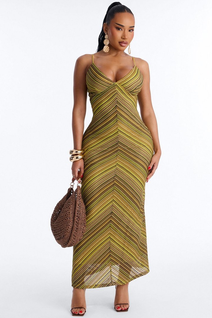 Paradise Mood Crochet Maxi Dress - Green/combo