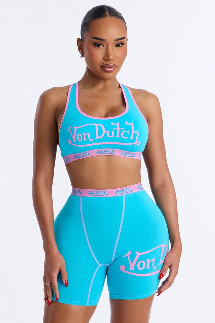 Von Dutch Contrast Stitching Bralette Boyshort High Waist 2 Piece Set - Blue