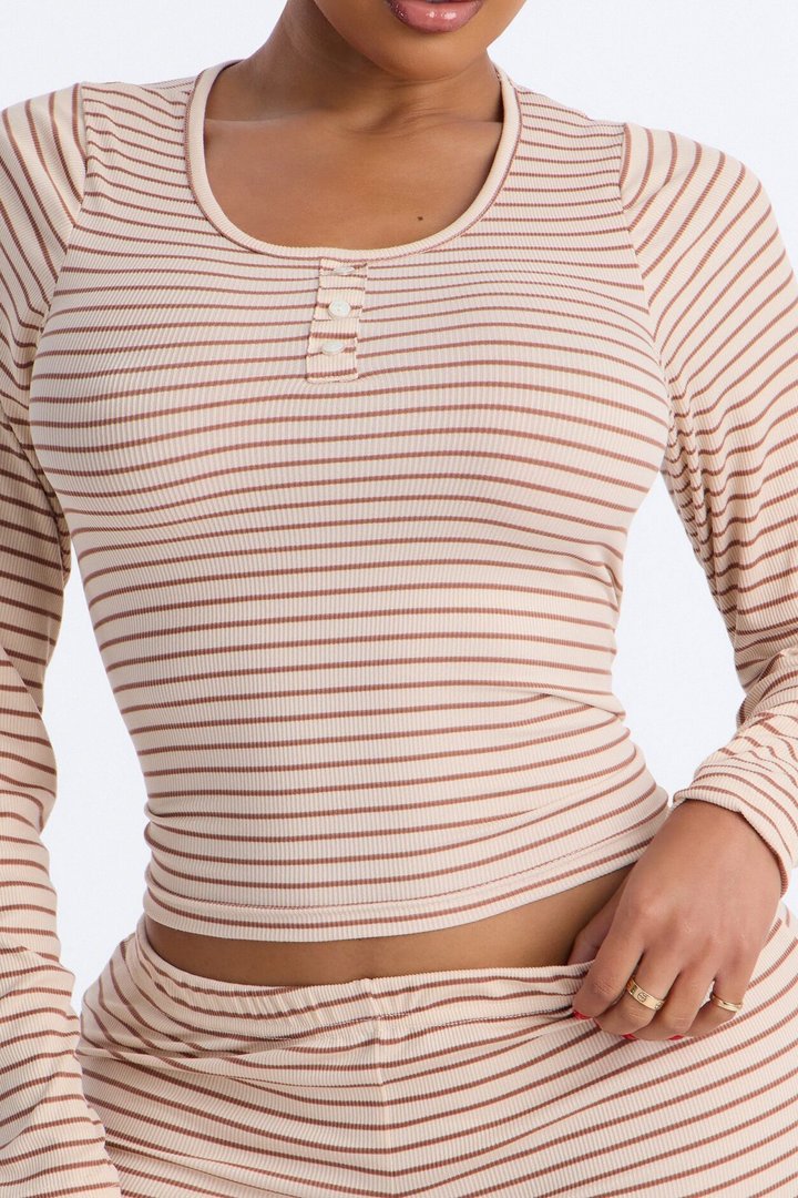 Nap With Me Long Sleeve Henley PJ Short Set - Brown