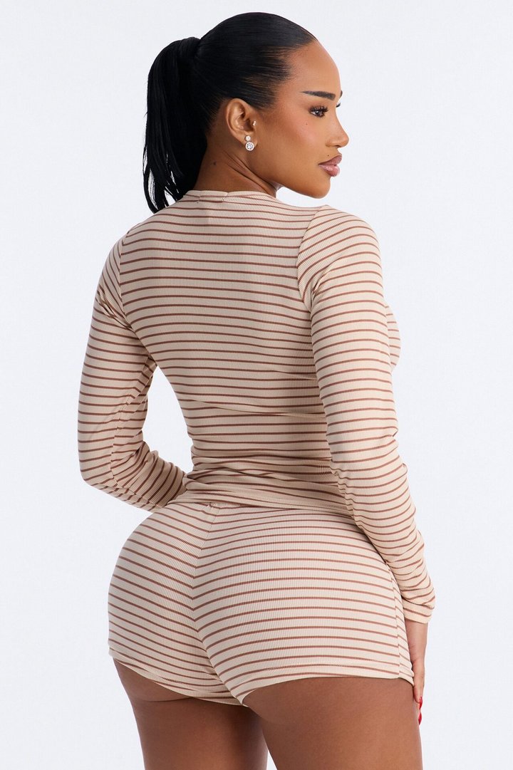 Nap With Me Long Sleeve Henley PJ Short Set - Brown