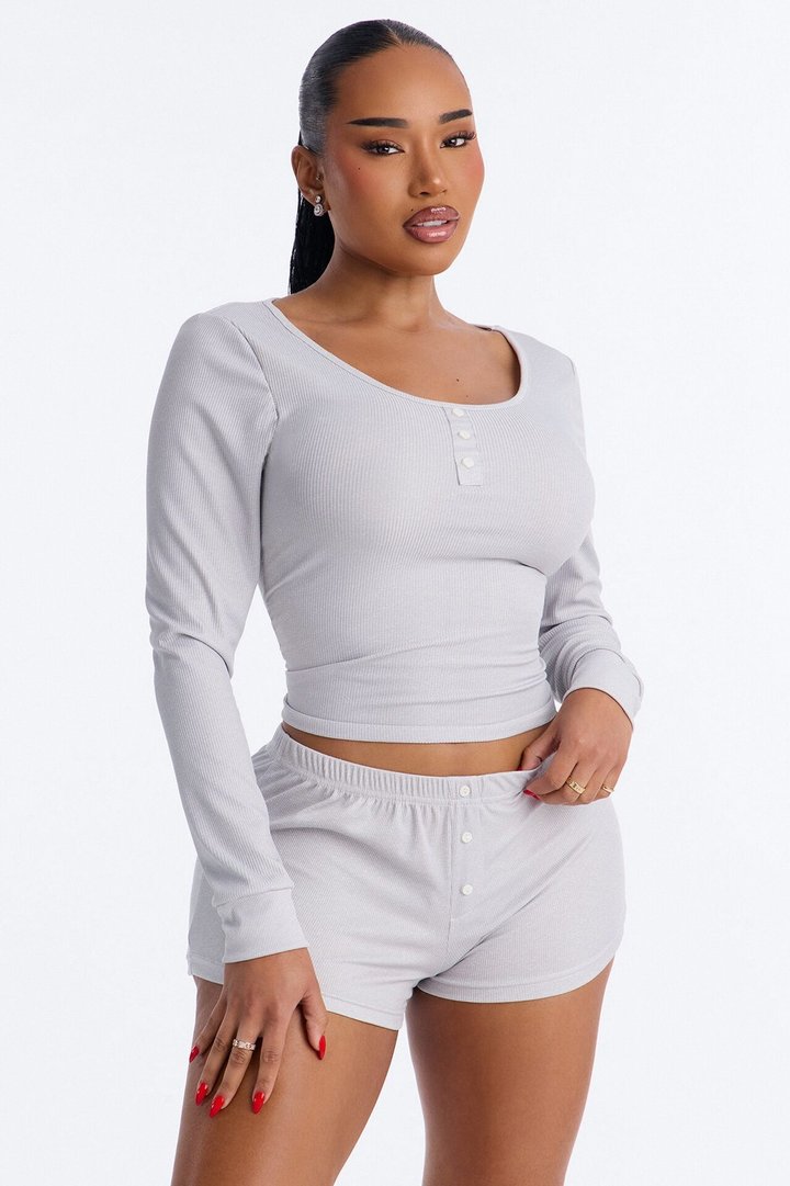 Relaxed Vibe Ribbed Henley PJ Boxer Short Set - Heather Grey