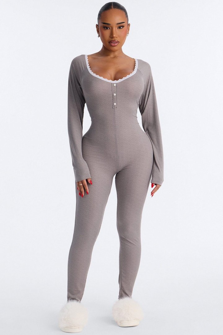 Stay In With Me Ribbed Henley PJ Jumpsuit Onesie - Charcoal