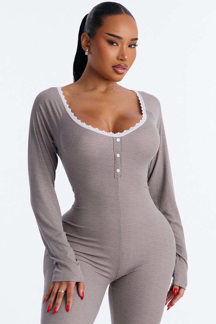 Stay In With Me Ribbed Henley PJ Jumpsuit Onesie - Charcoal