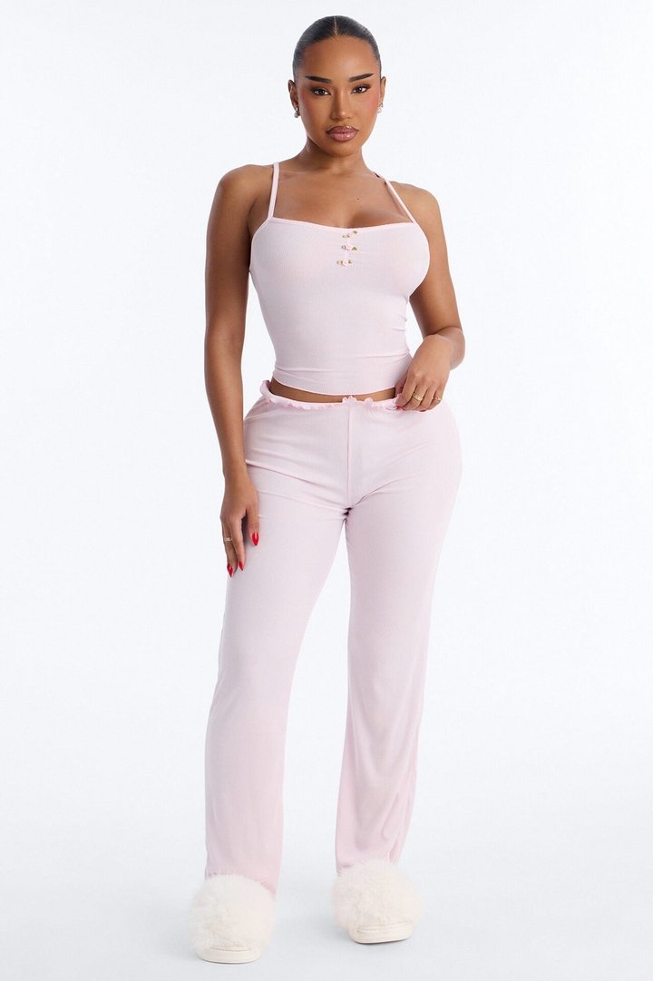 Dozing Off Ribbed PJ Pant Set - Light Pink