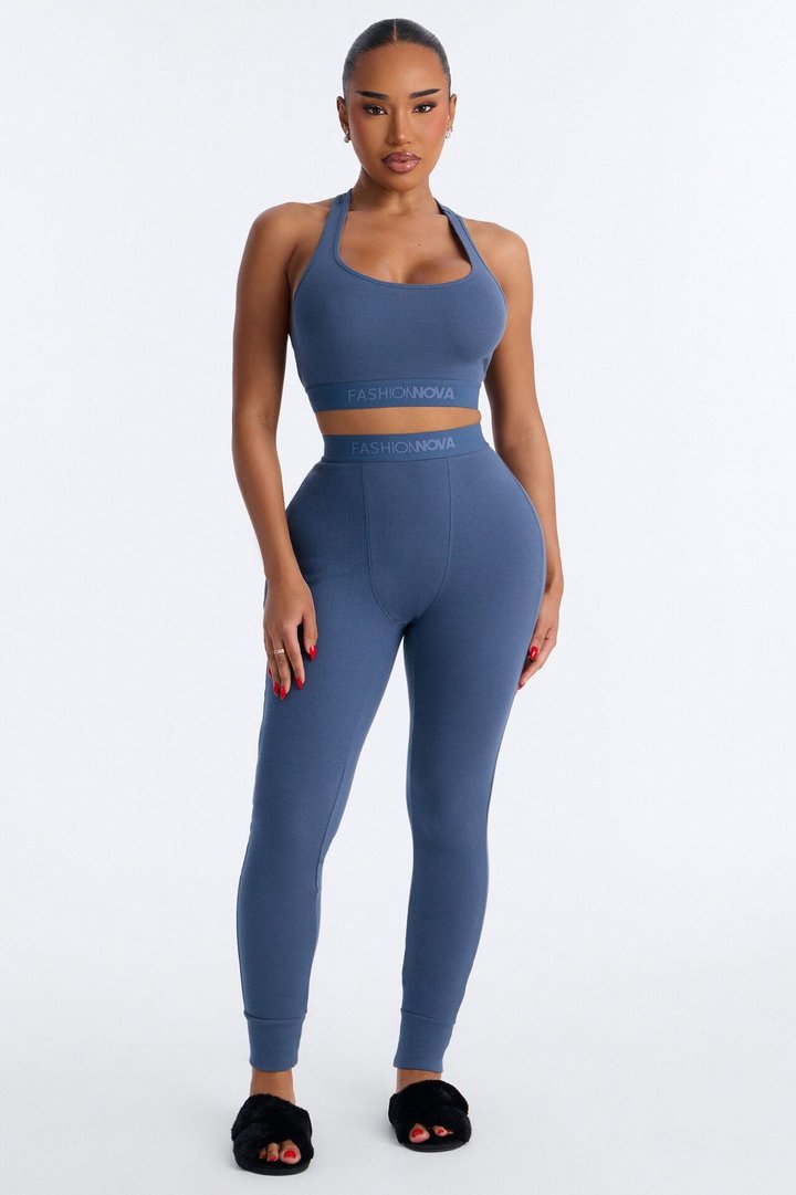 FN Mood Racerback Bra And Legging 2 Piece Ribbed Cotton Set - Slate Blue