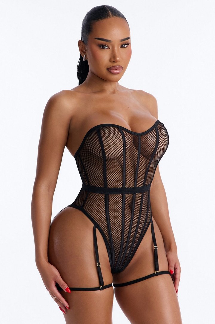 Owning It Fishnet Teddy With Garter Straps - Black