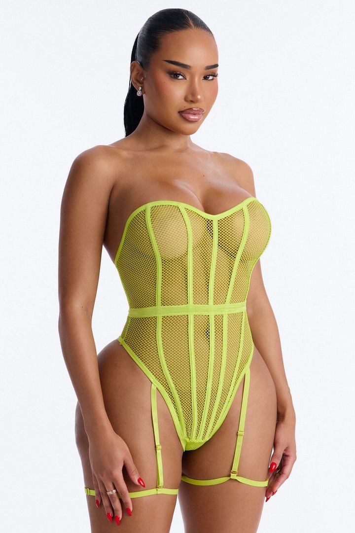 Owning It Fishnet Teddy With Garter Straps - Lime