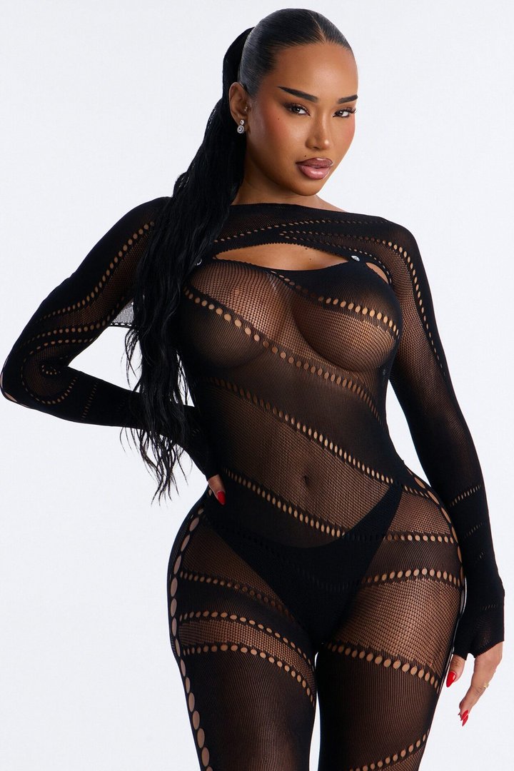 Alexis Rhinestone Jumpsuit Bodystocking - Black
