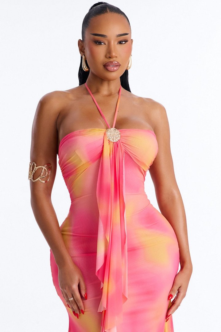 Gisella Tie Dye Mesh Midi Dress - Pink/combo
