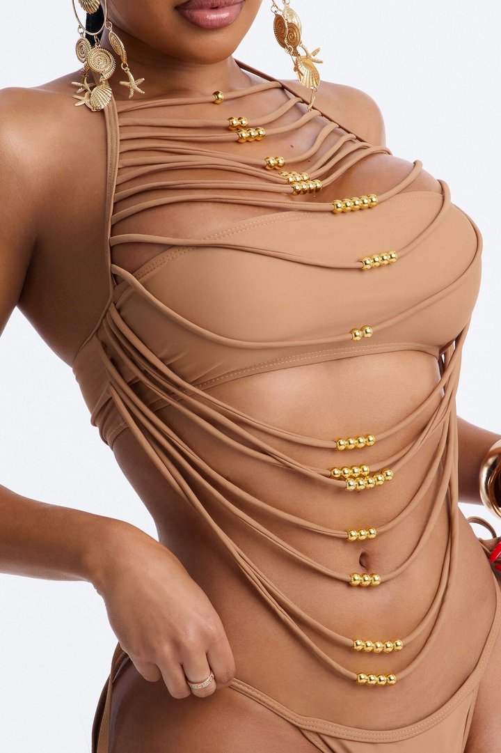 Hot Sand Energy Draped 2 Piece Beaded Bikini Set - Tan