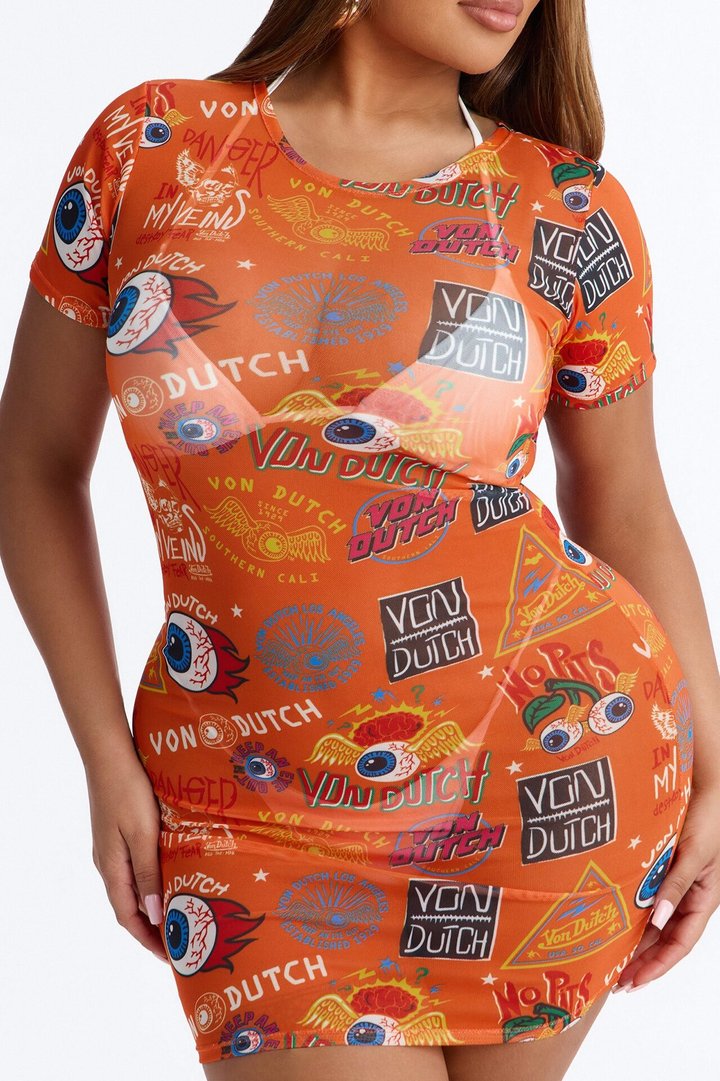 Von Dutch Mesh Swim Cover Up Dress - Orange/combo